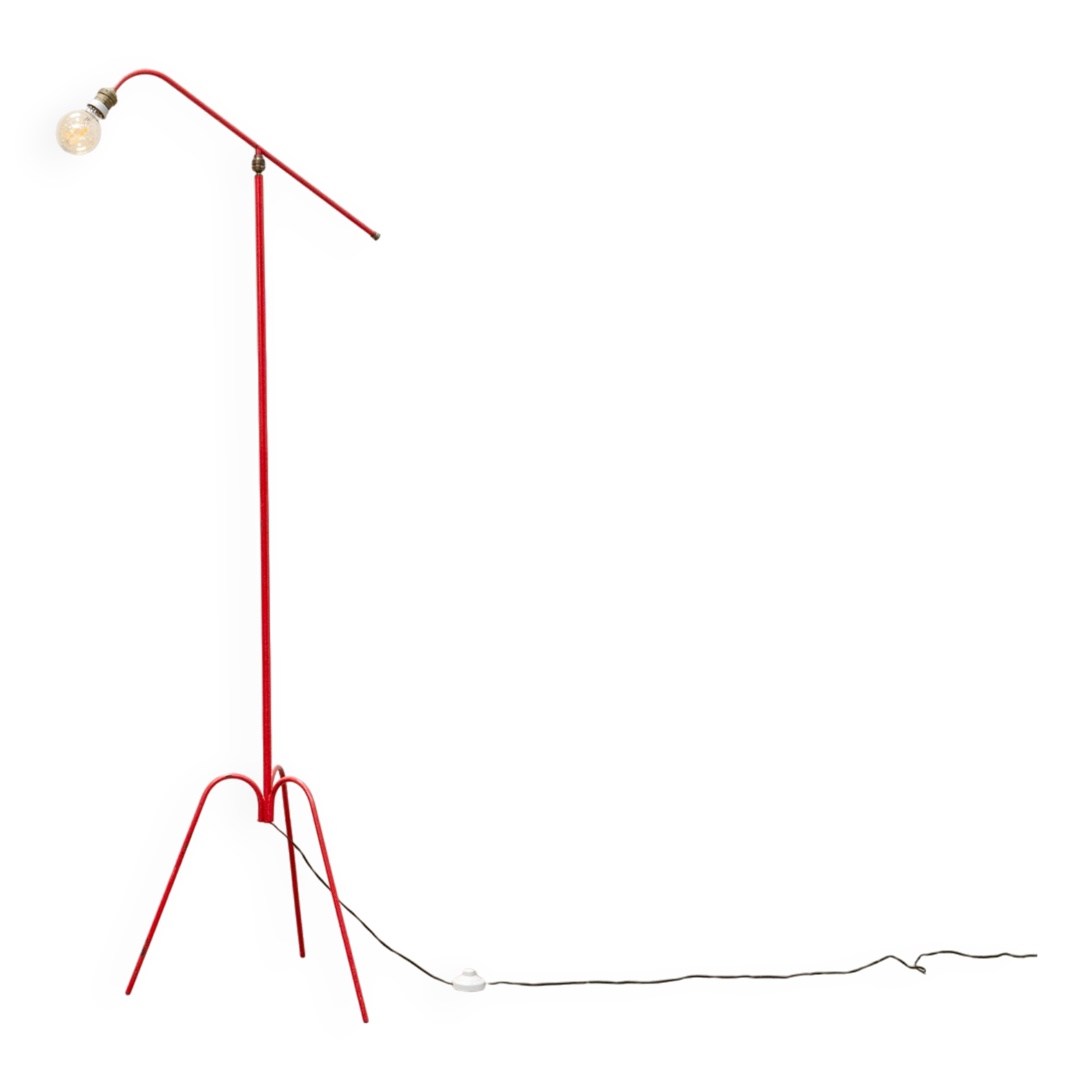 Lampe vintage tripode rouge, axe sur rotule 1950