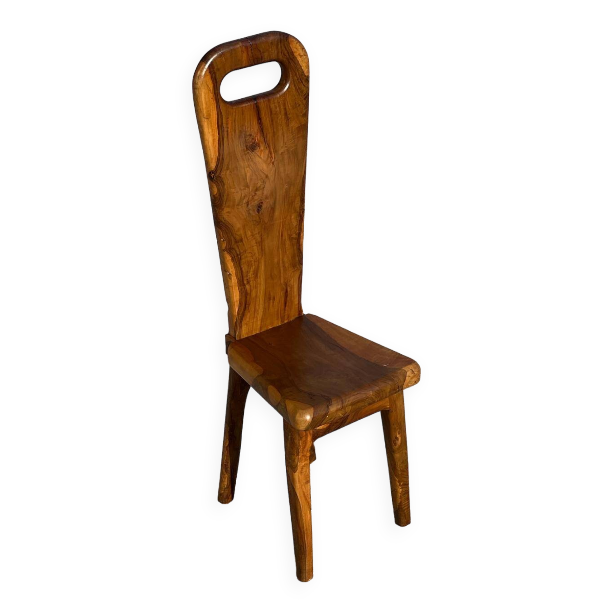 Sculptural high-back chair in solid olive wood, France, 1960s