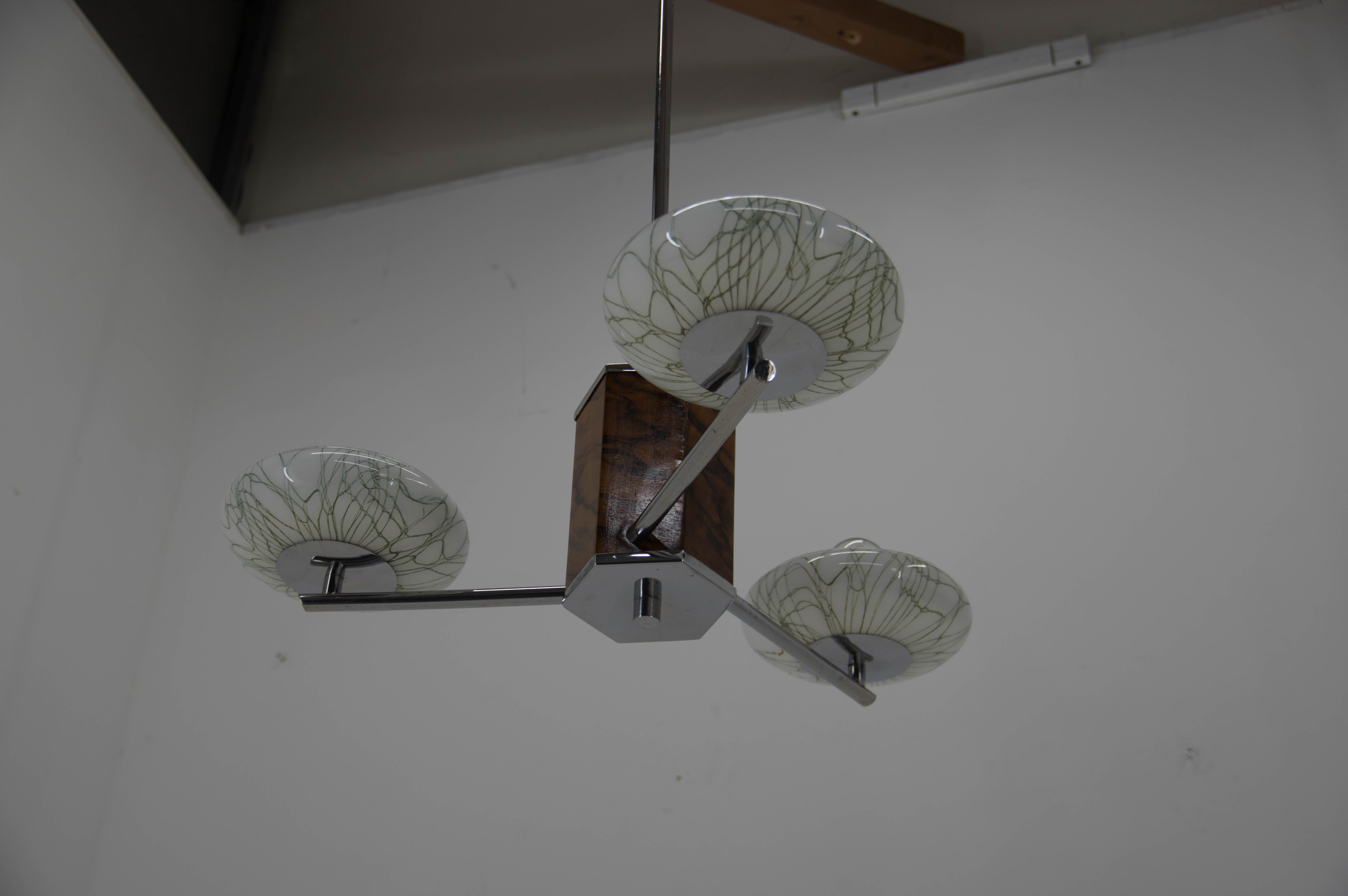 Art deco wood chrome and glass chandelier, 1940s, restored