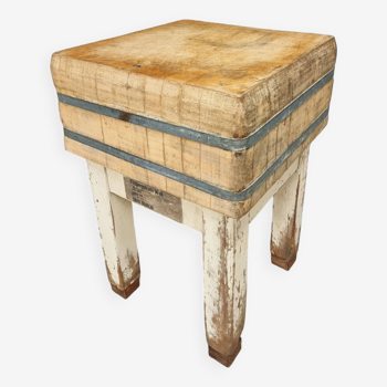 Ancien billot table de boucher bois de hêtre 62x62x90 cm