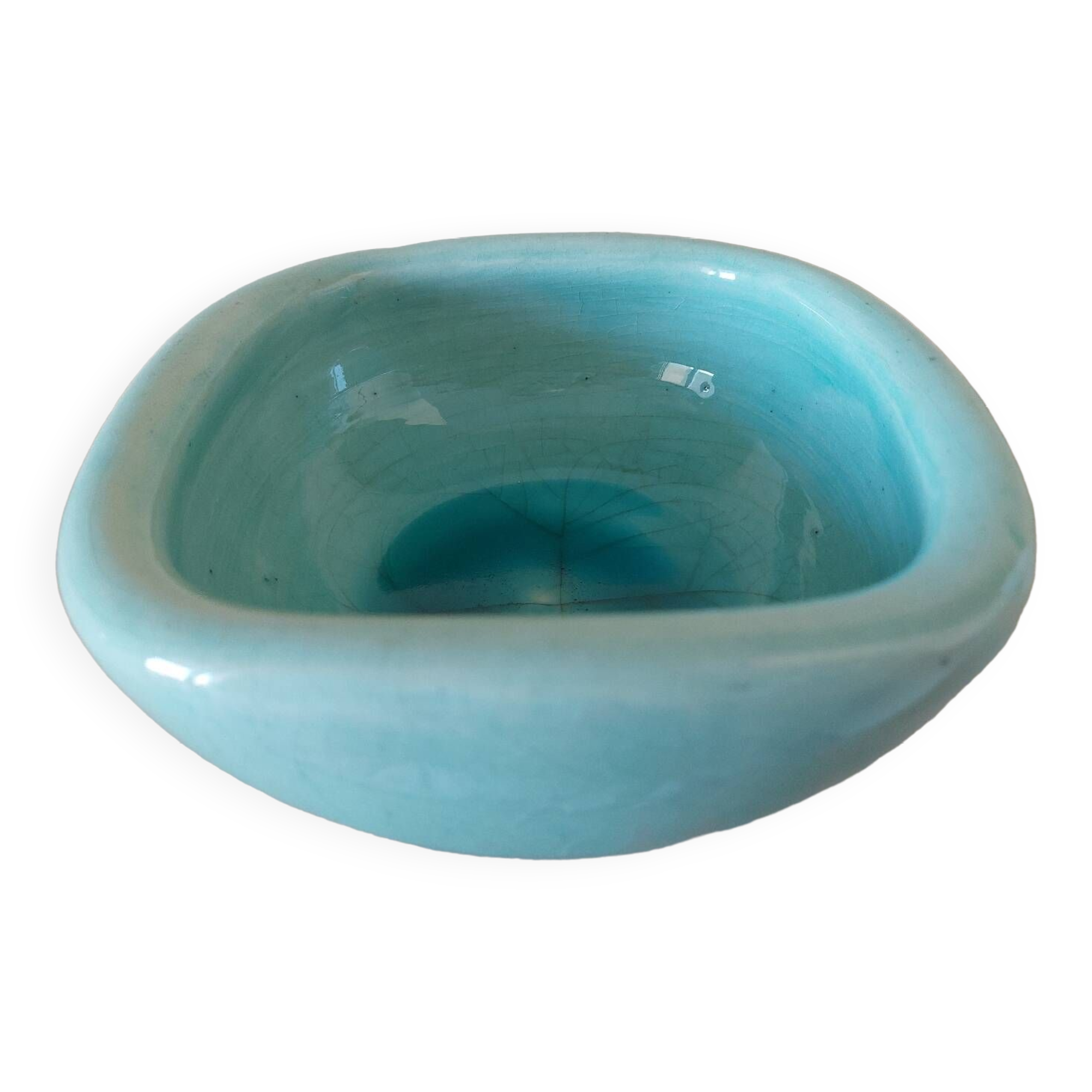 Turquoise cracked ceramic empty pocket signed Keramos, Sèvres circa 1950