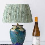 Art Deco Japonisme ceramic table lamp, 1928, new silk sari ribbon lampshade.