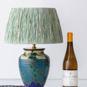 Art Deco Japonisme ceramic table lamp, 1928, new silk sari ribbon lampshade.