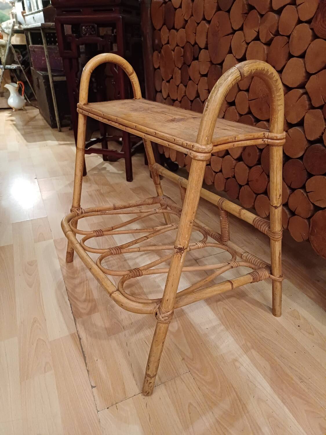 Small side piece of furniture with bamboo magazine holder, wooden top, 1960