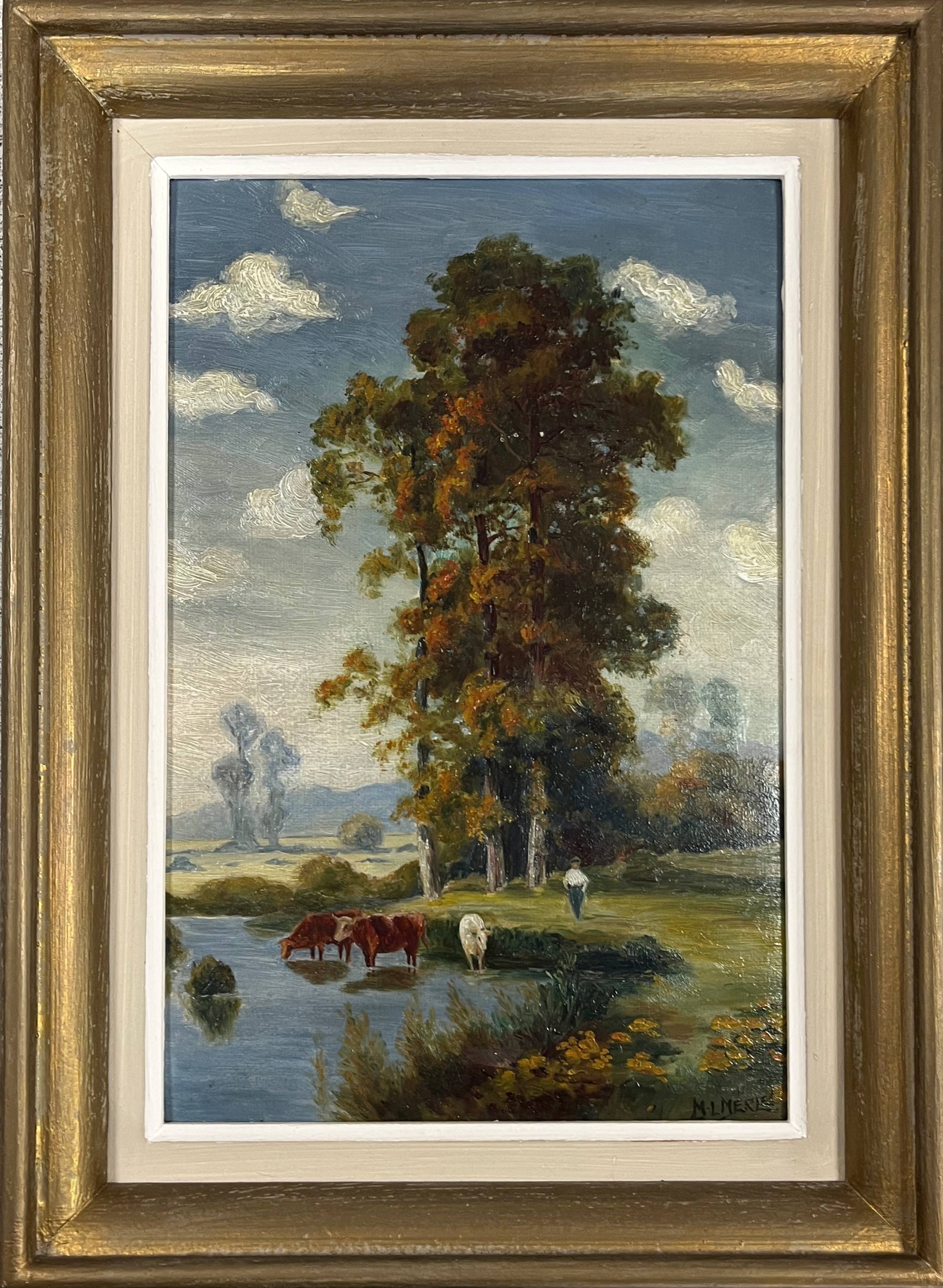 Hsp painting pastoral landscape post barbizon circa 1950 + signed frame