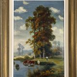 Hsp painting pastoral landscape post barbizon circa 1950 + signed frame