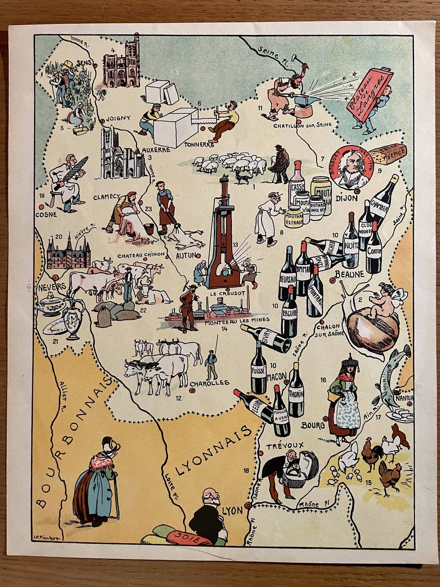 Old illustrated map of Burgundy from 1942 by JP Pinchon