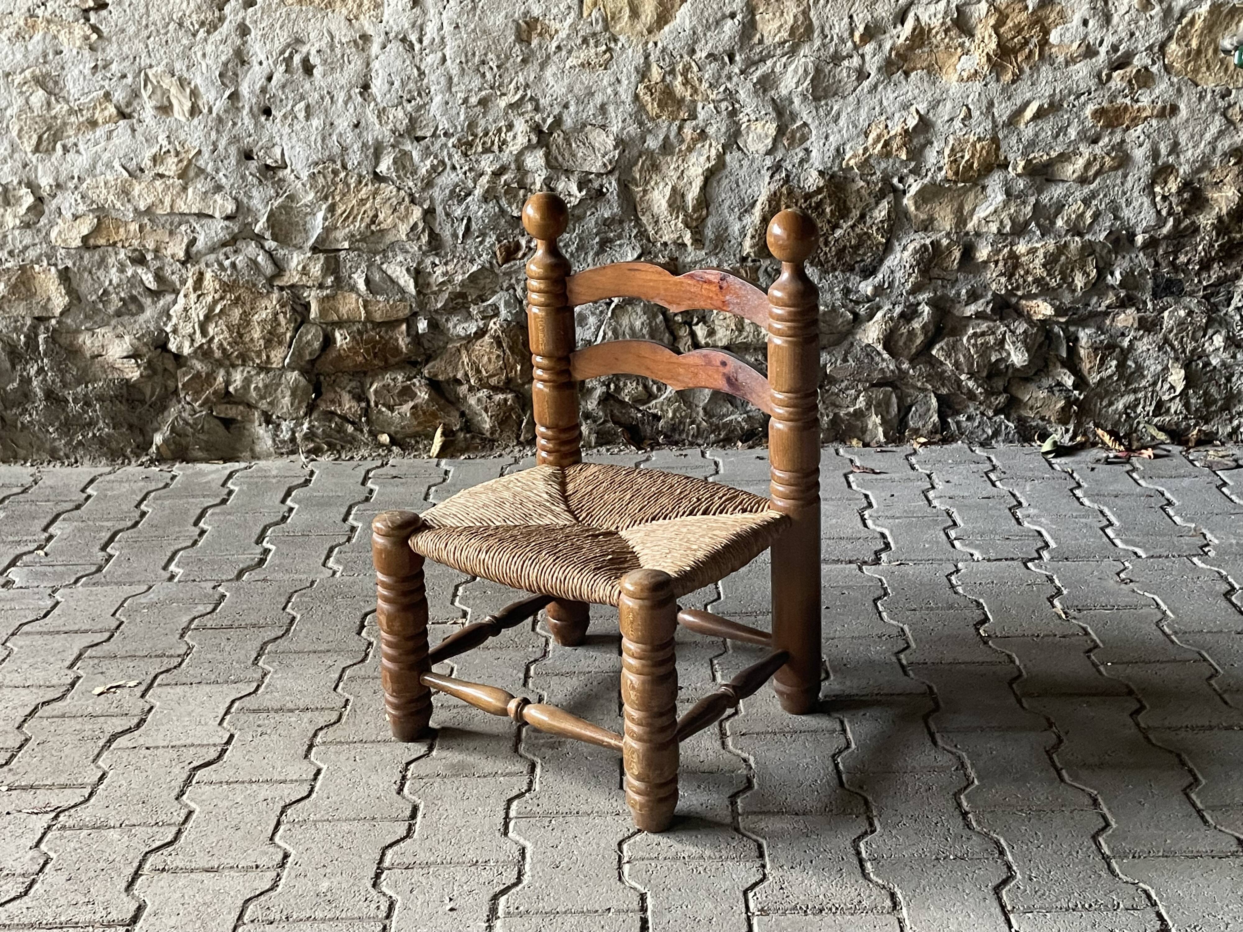 Rustic oak and straw chair, France 1940s