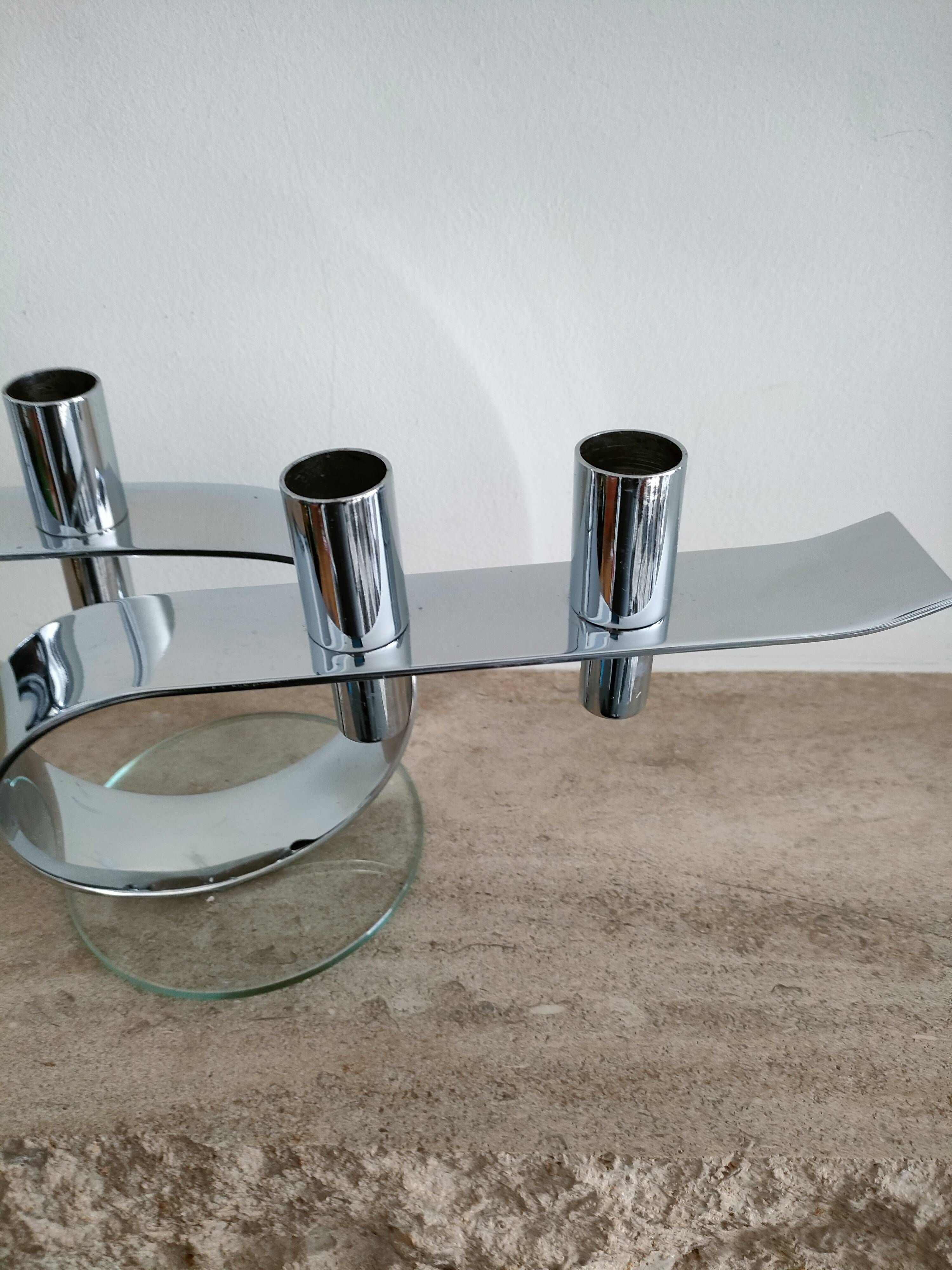 Design horizontal candlestick in chrome metal - four candles - France - 1980s
