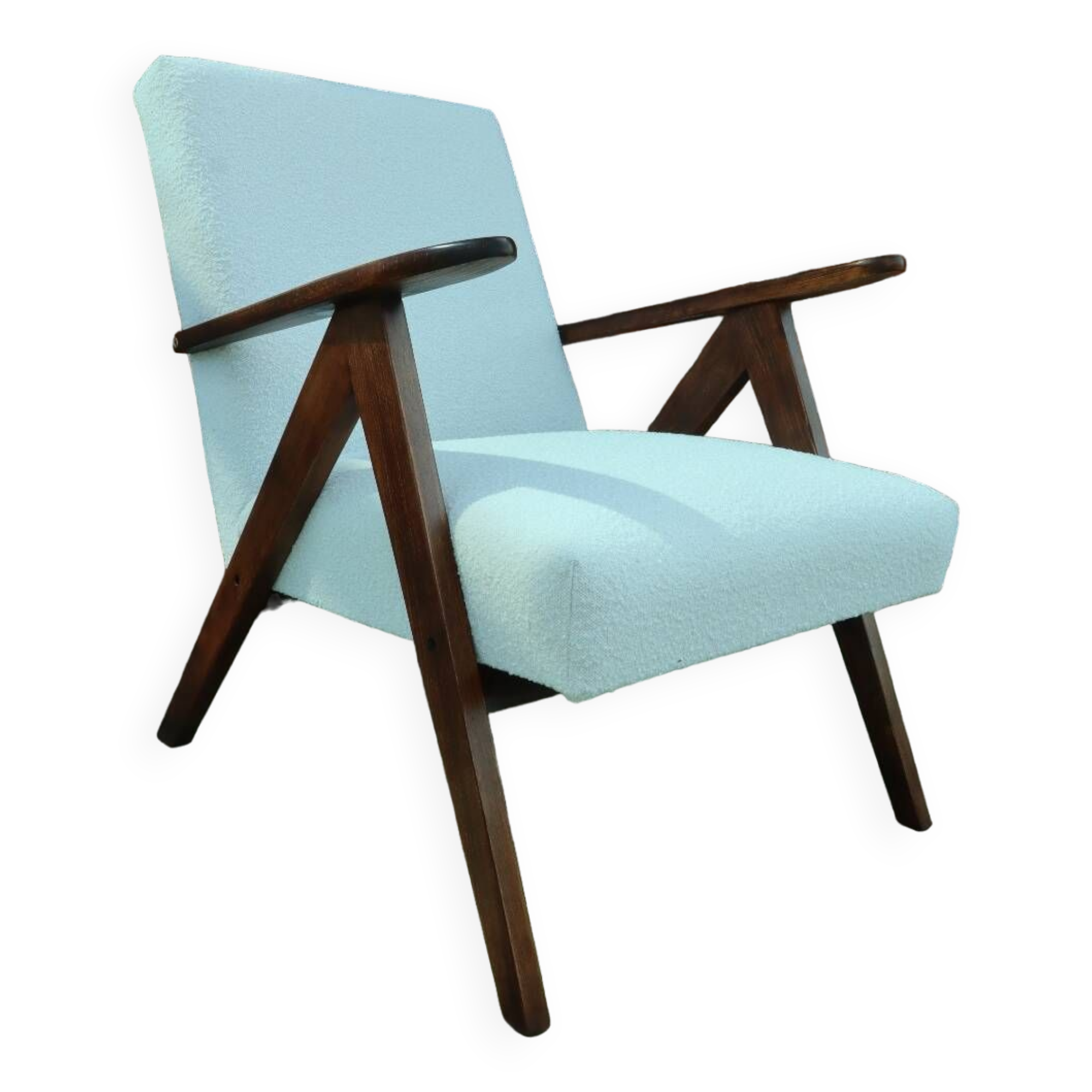 Vintage armchair mid century modern design white boucle dark walnut wood colour 1970 restored chair