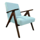 Fauteuil vintage milieu du siècle design moderne boucle blanche couleur bois noyer foncé 1970 chaise restaurée