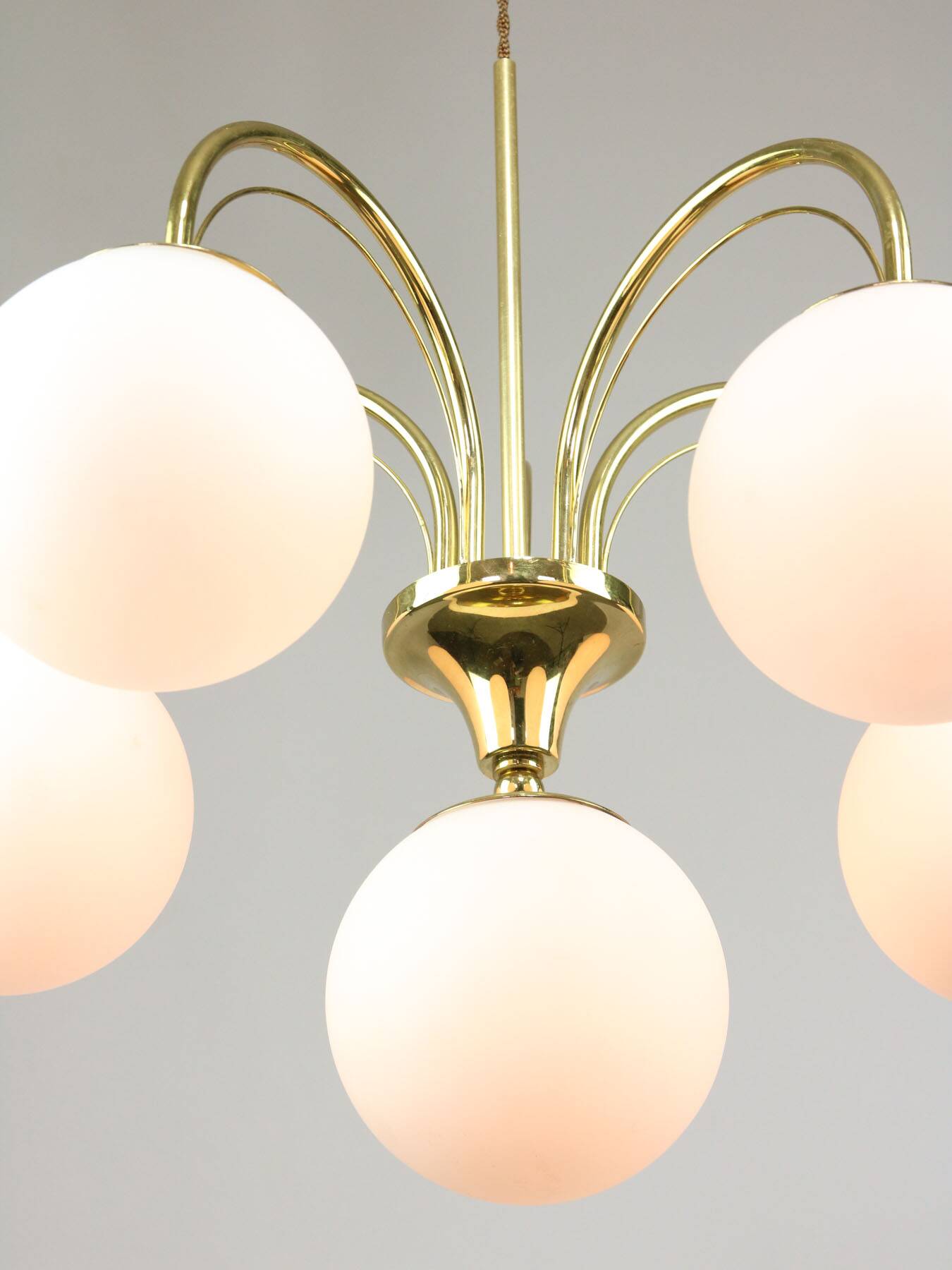 Vintage Golden & Opaline Glass 5-Arm Chandelier, 70s