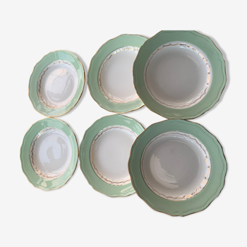 6 assiettes à soupe lisere vert mint et frise floral or st Amandinoise café Nico vintage