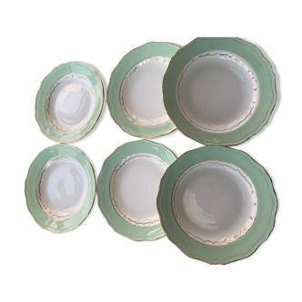 6 soup plates mint green border and floral frieze or st Amandinoise coffee Nico vintage