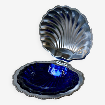 Coquillage vide-poche en métal argenté et intérieur en verre bleu années 60-70