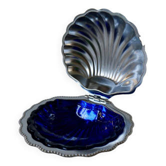 Coquillage vide-poche en métal argenté et intérieur en verre bleu années 60-70