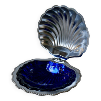 Shell pocket in silver metal and blue glass interior from the 60s and 70s