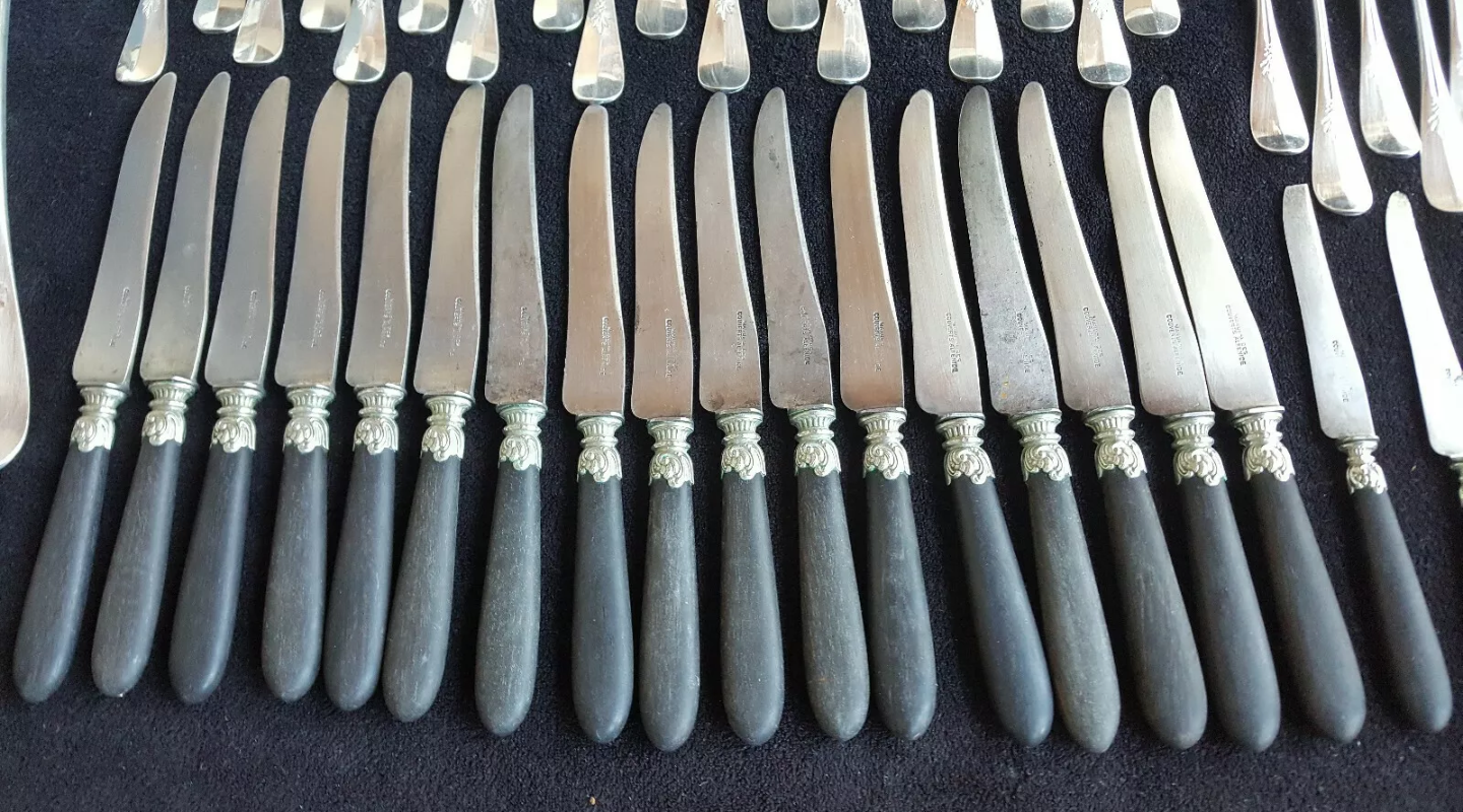 Cutlery set Alfenide Christofle 112 pieces goat's head punch white metal 1900