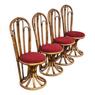 Rattan and fabric chairs, 60s-70s, set of 4