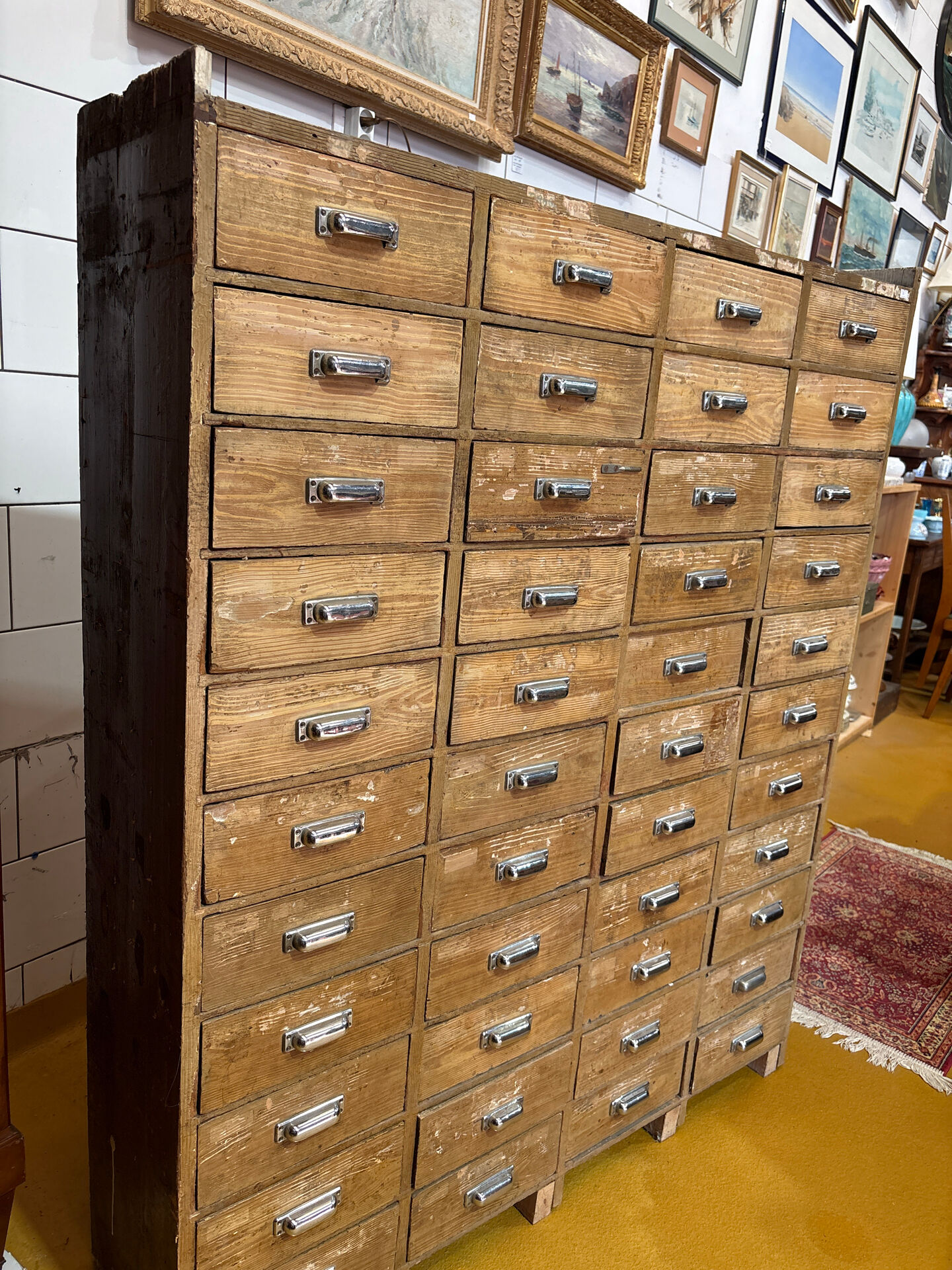 Large antique workshop cabinet with 44 drawers – patinated wood