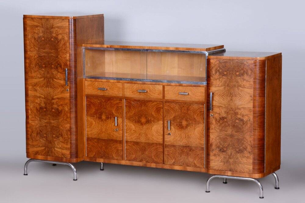 Bauhaus Czechia Sideboard in Walnut and Chrome-Plated Steel by Robert Slezak, 1930s