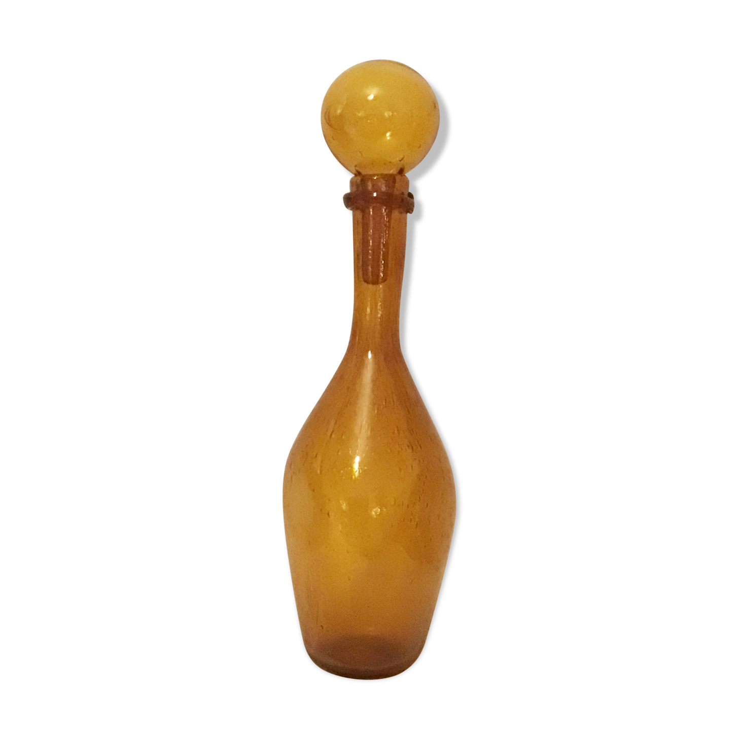Carafe bubbled glass amber color signed Biot, vintage