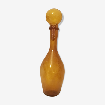 Carafe bubbled glass amber color signed Biot, vintage