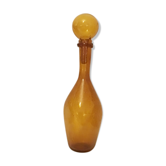 Carafe bubbled glass amber color signed Biot, vintage