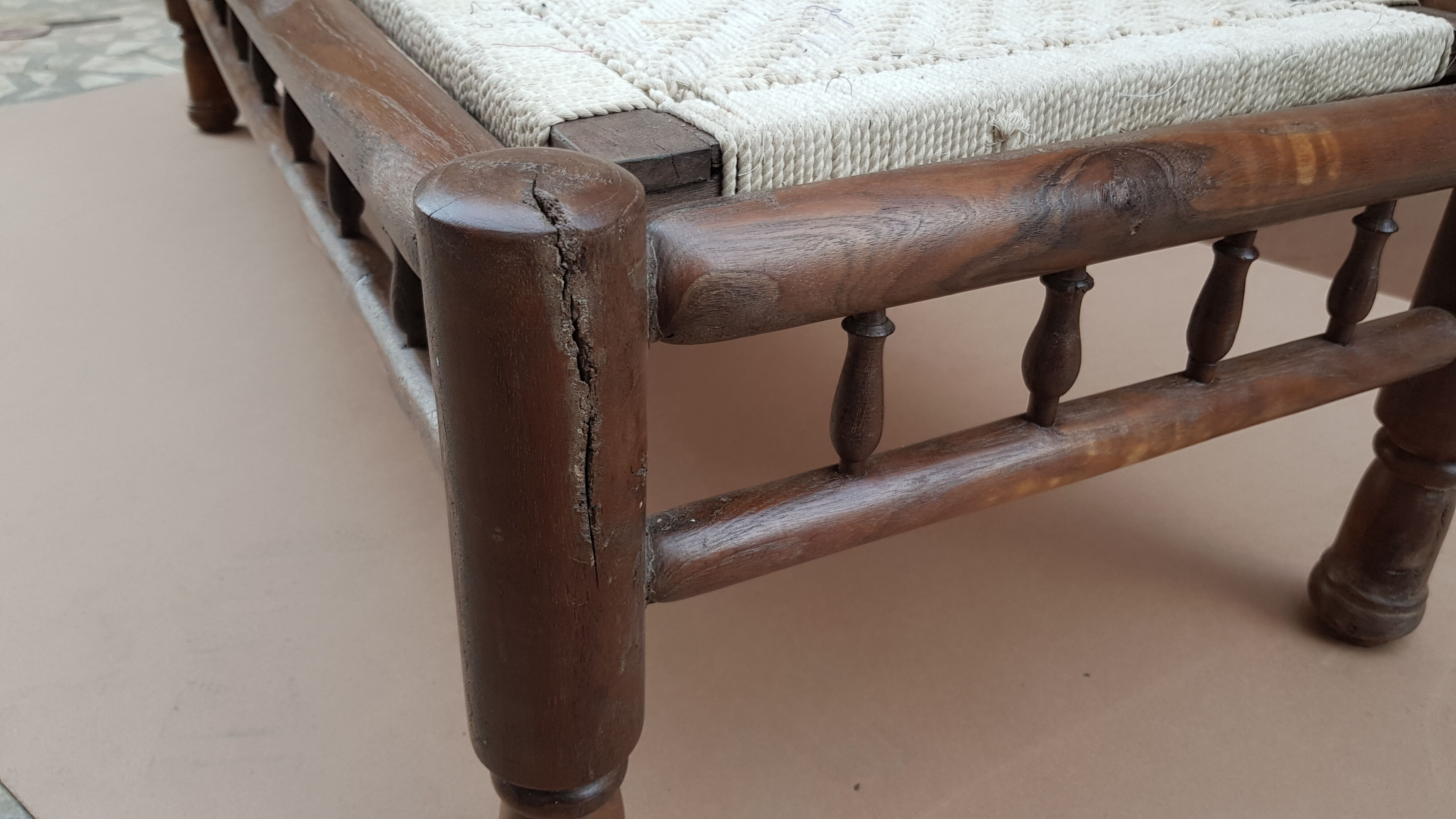 Natural burmese teak sofa and braided cotton seat & backsplash