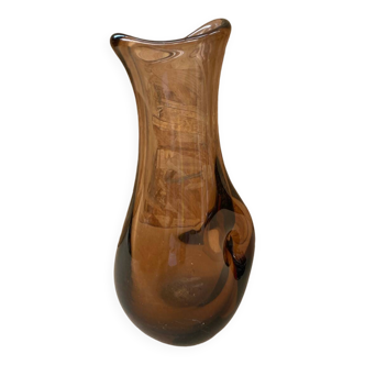 Ancien Vase Verre Soufflé Marron Transparent Vintage