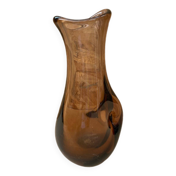 Ancien Vase Verre Soufflé Marron Transparent Vintage
