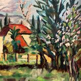 Old oil painting on panel exotic expressionist landscape signed