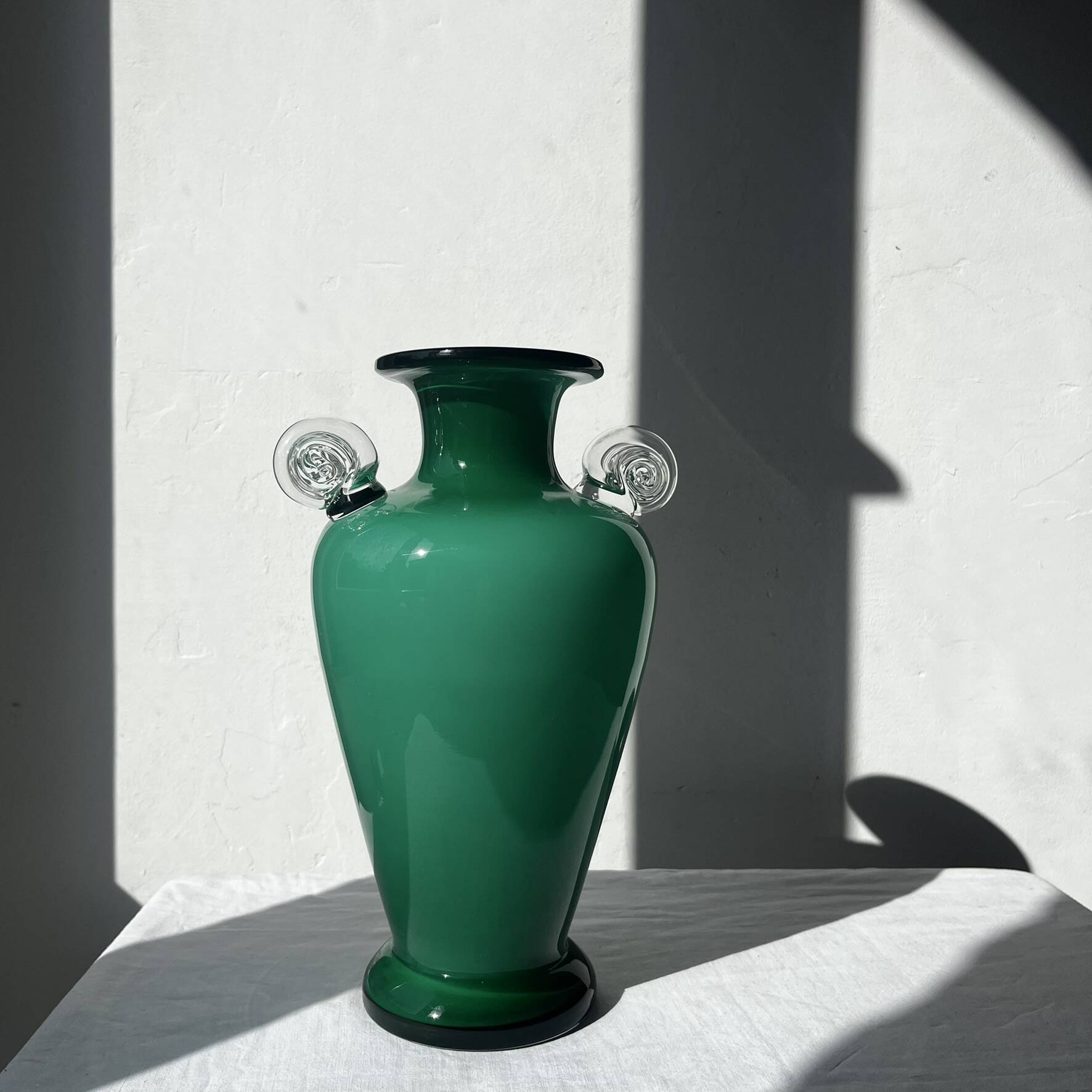 Green glass vase with a blown glass handle, Art Deco.