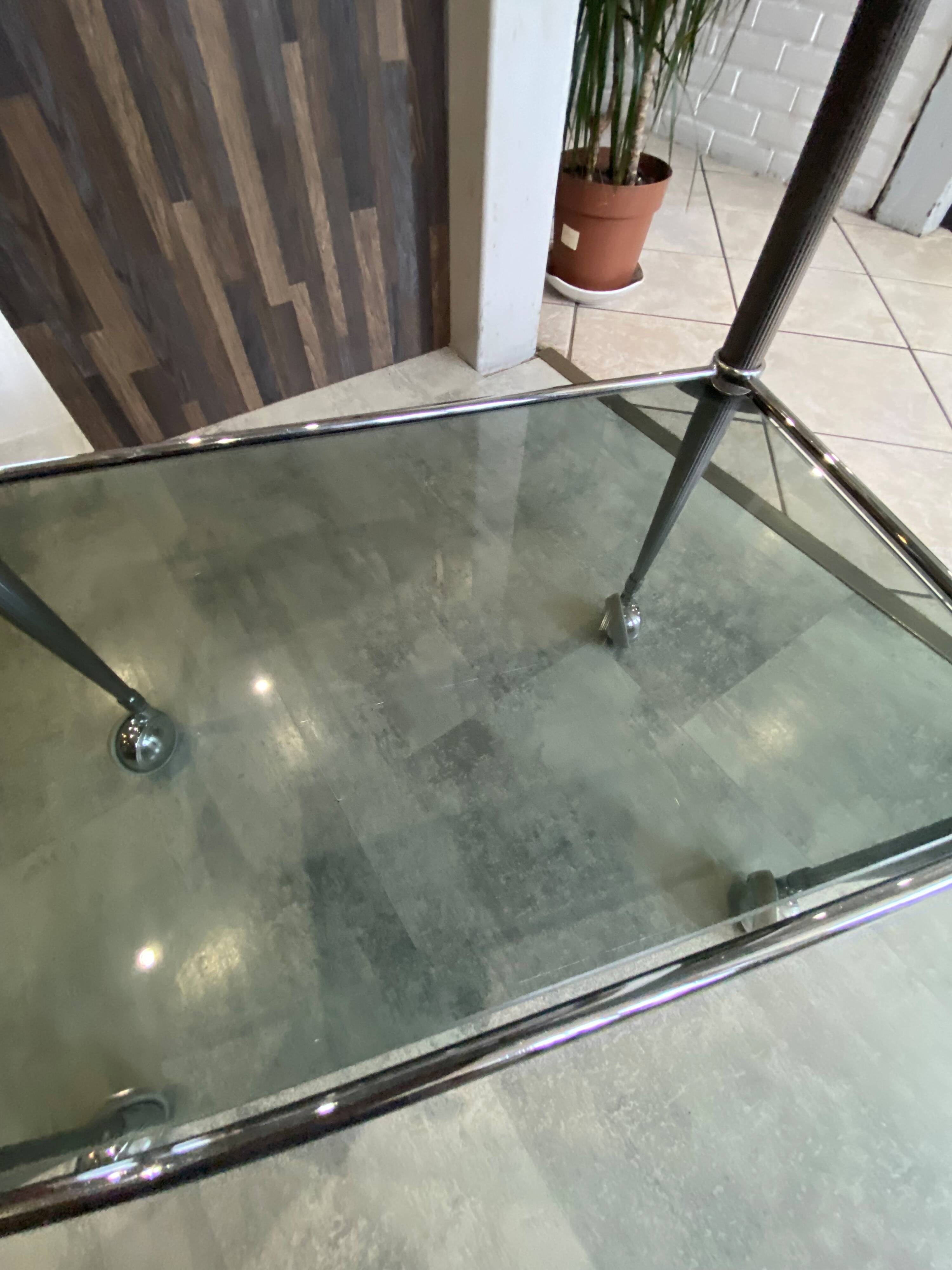 Vintage 1950s silver metal bar cart with wheels and two glass shelves