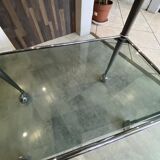 Vintage 1950s silver metal bar cart with wheels and two glass shelves