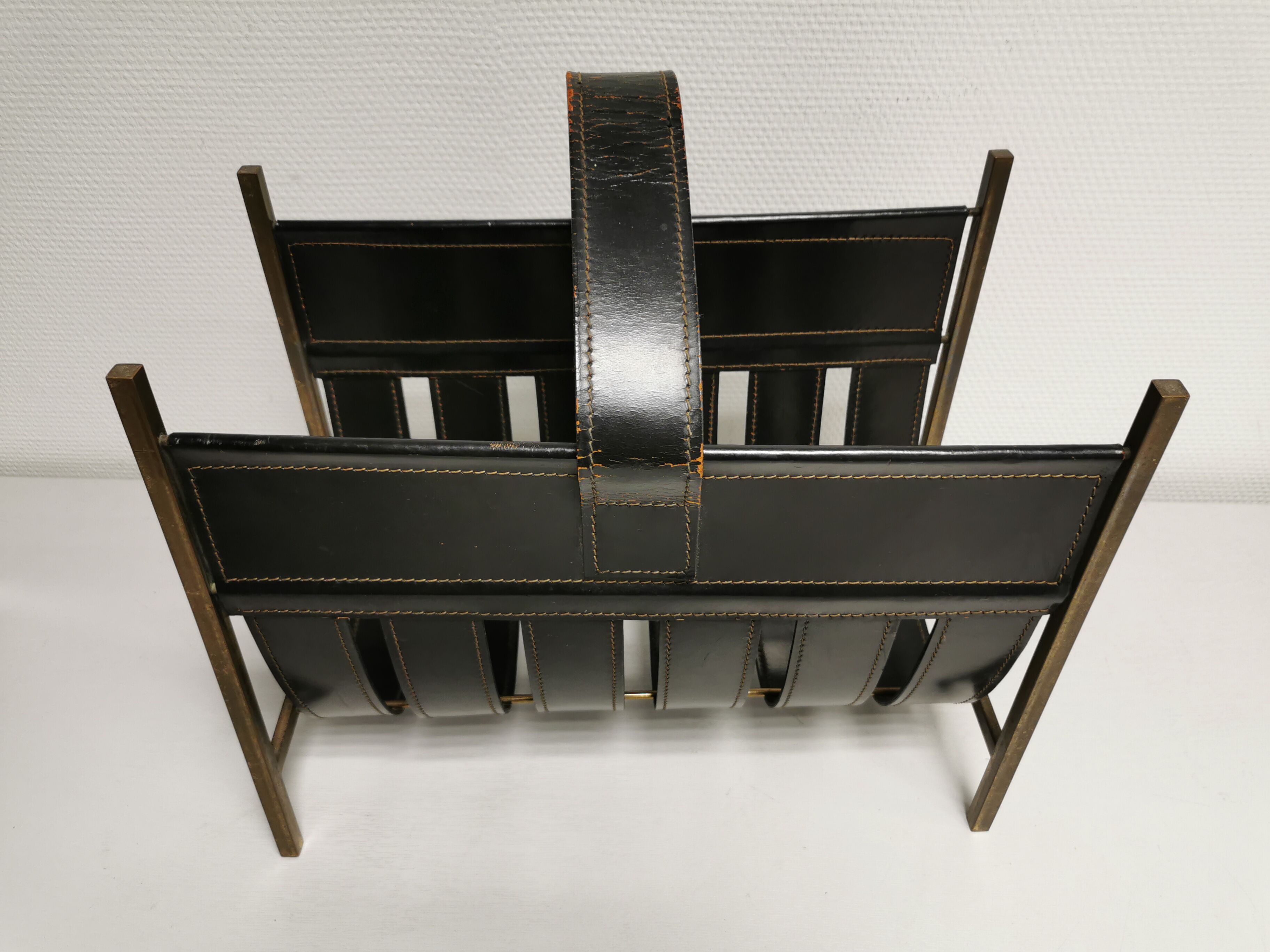 Vintage leather magazine rack, 50s