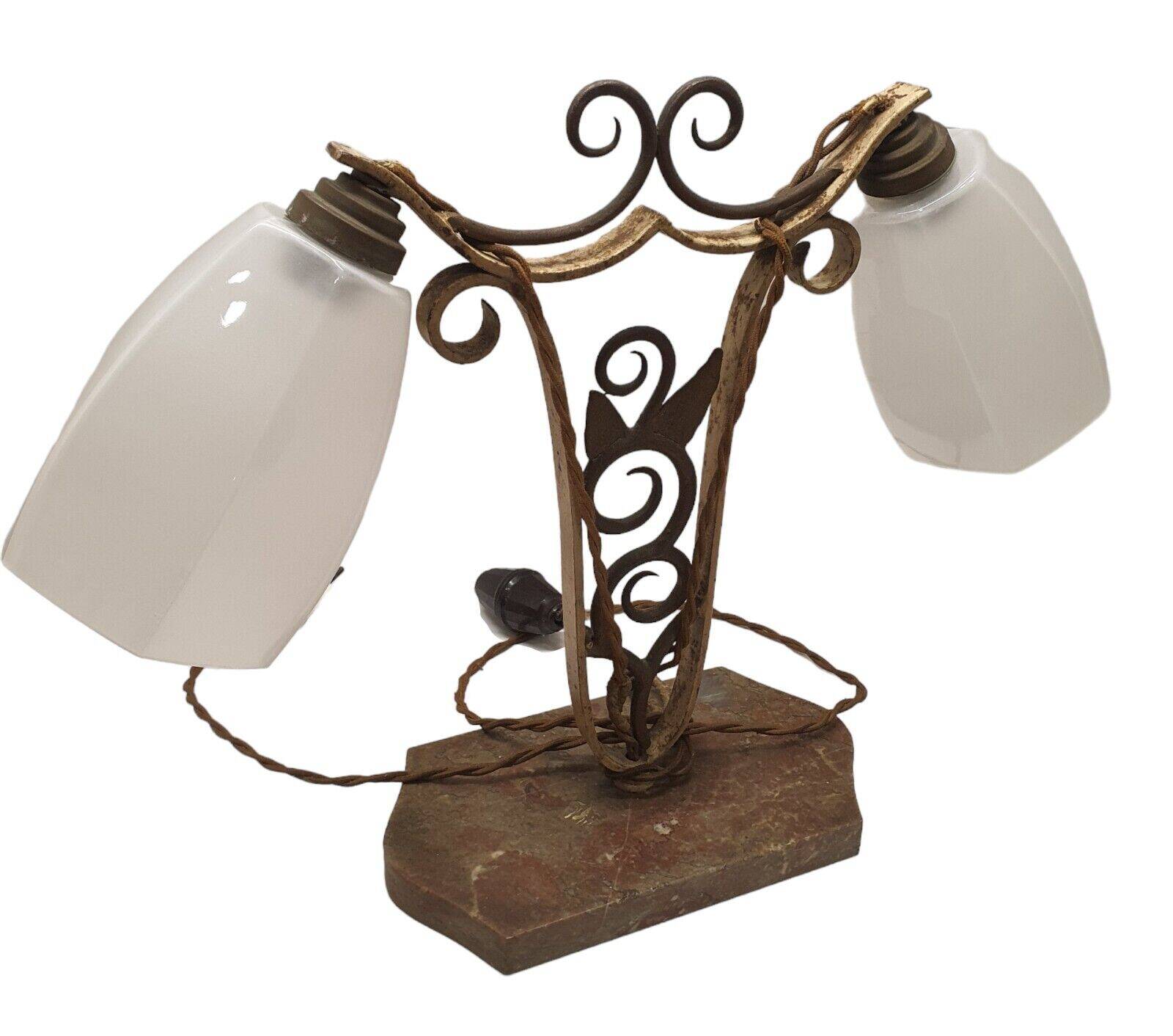 art deco table lamp marble base wrought iron frame hexagonal tulip imp belgium