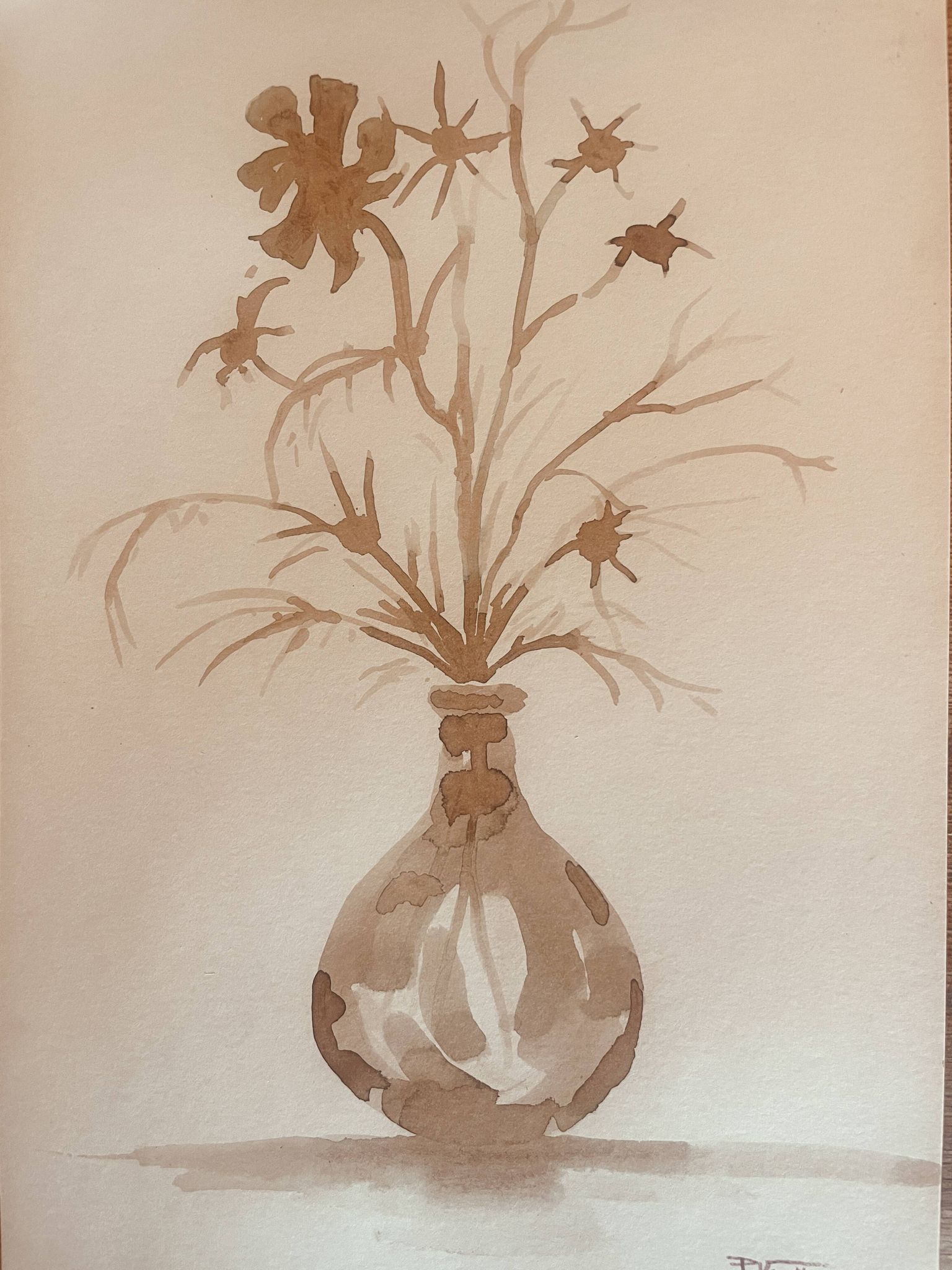 Tableau, nature morte monochrome sépia « fleurs séchées », signé