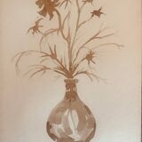 Signed still life monochrome sepia painting "dried flowers"