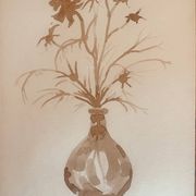 Tableau, nature morte monochrome sépia « fleurs séchées », signé