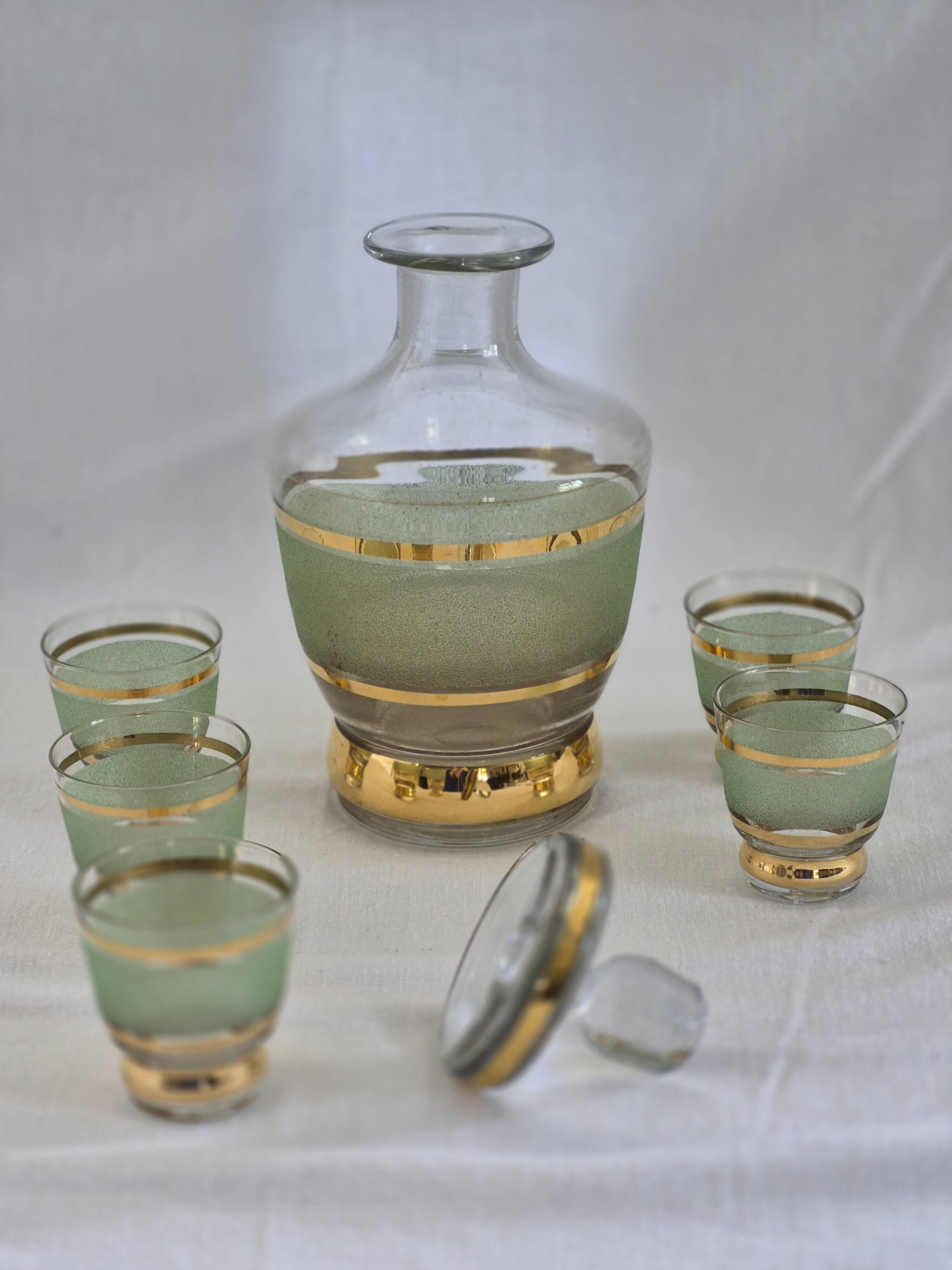 Vintage liqueur service in frosted celadon and gold glass – 1950s