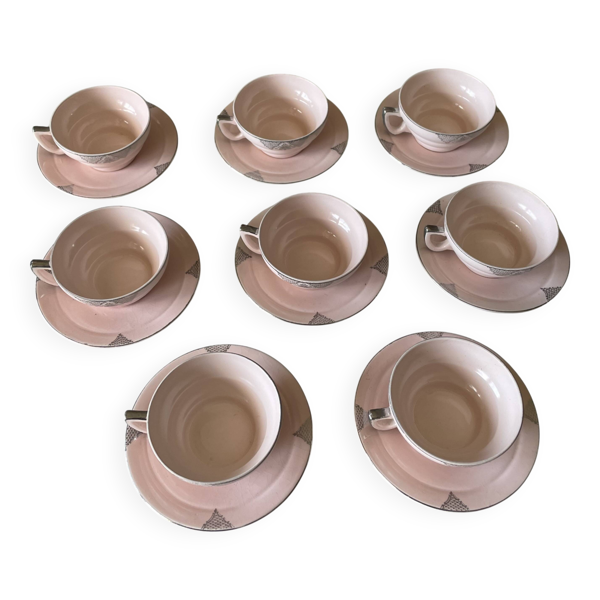 Set de tasses en porcelaine art déco rose et argent 1940