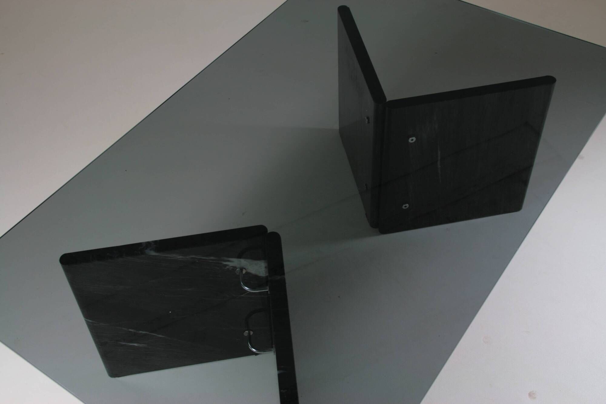 Black veined marble coffee table with smoked glass top, Italy 1970