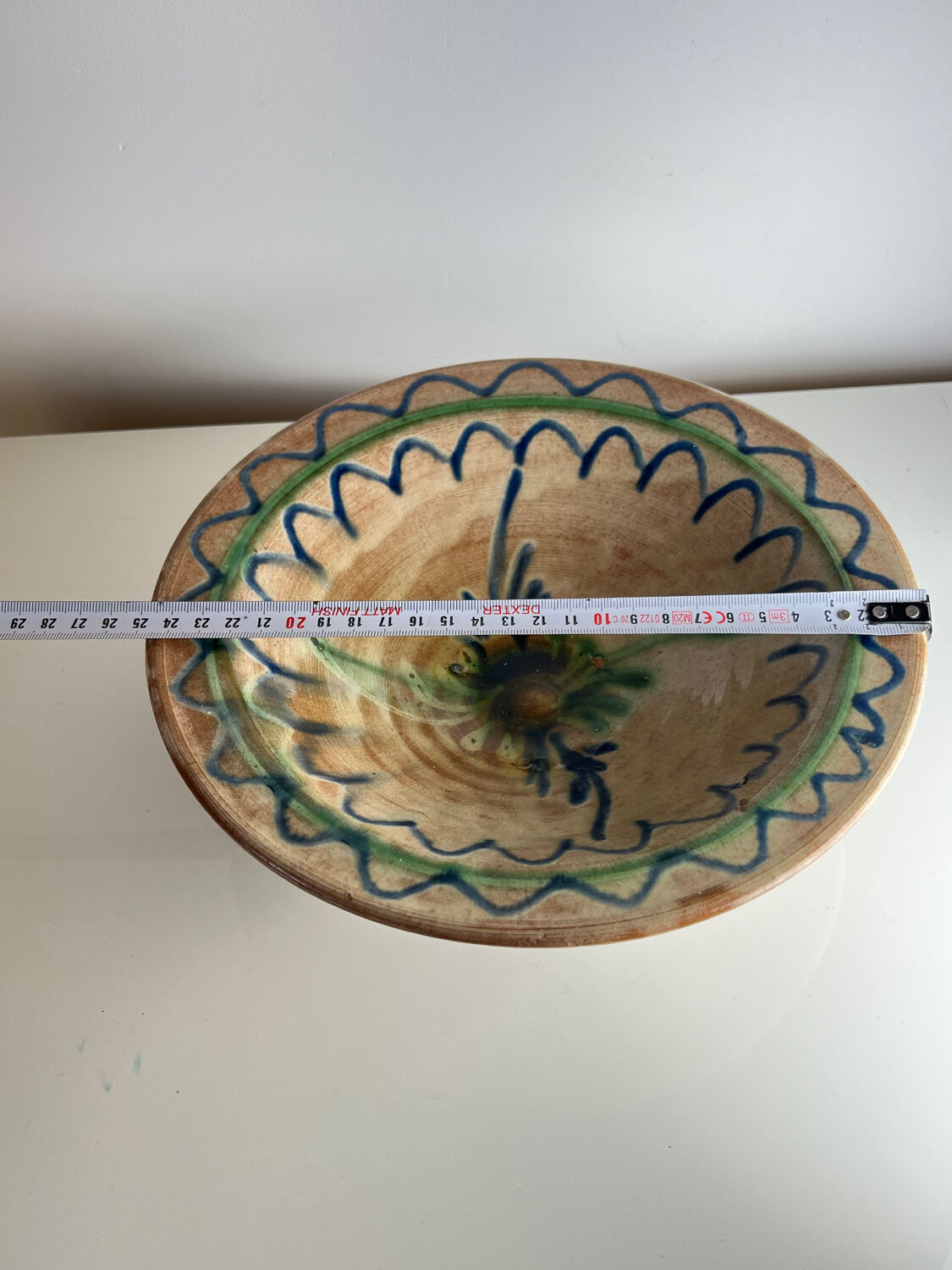 Glazed ceramic dish with green and blue floral decoration – vintage southern earthenware – handmade