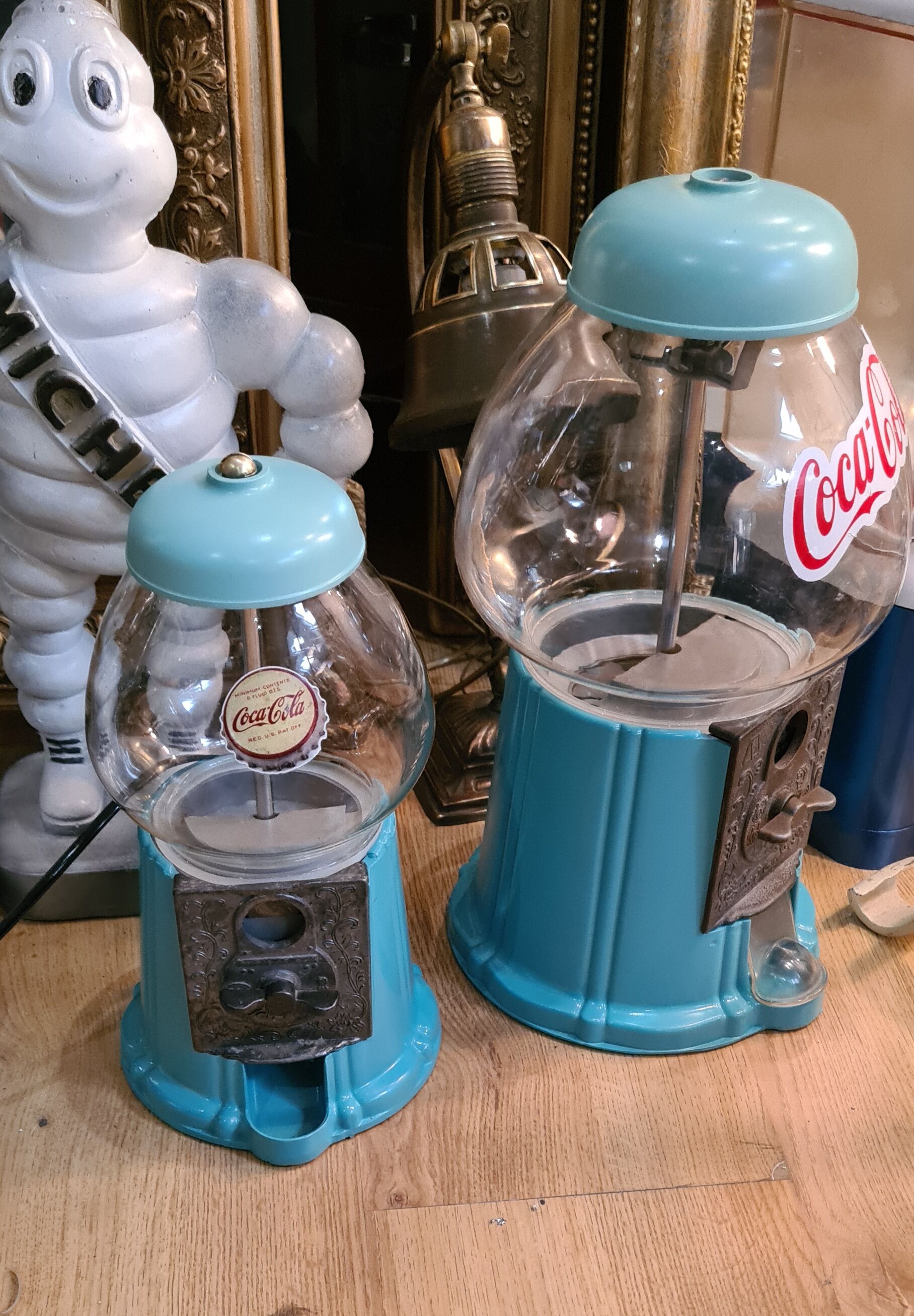 Candy, chewing gum, peanut glass and metal dispenser color 2 shades of turquoise 28x20