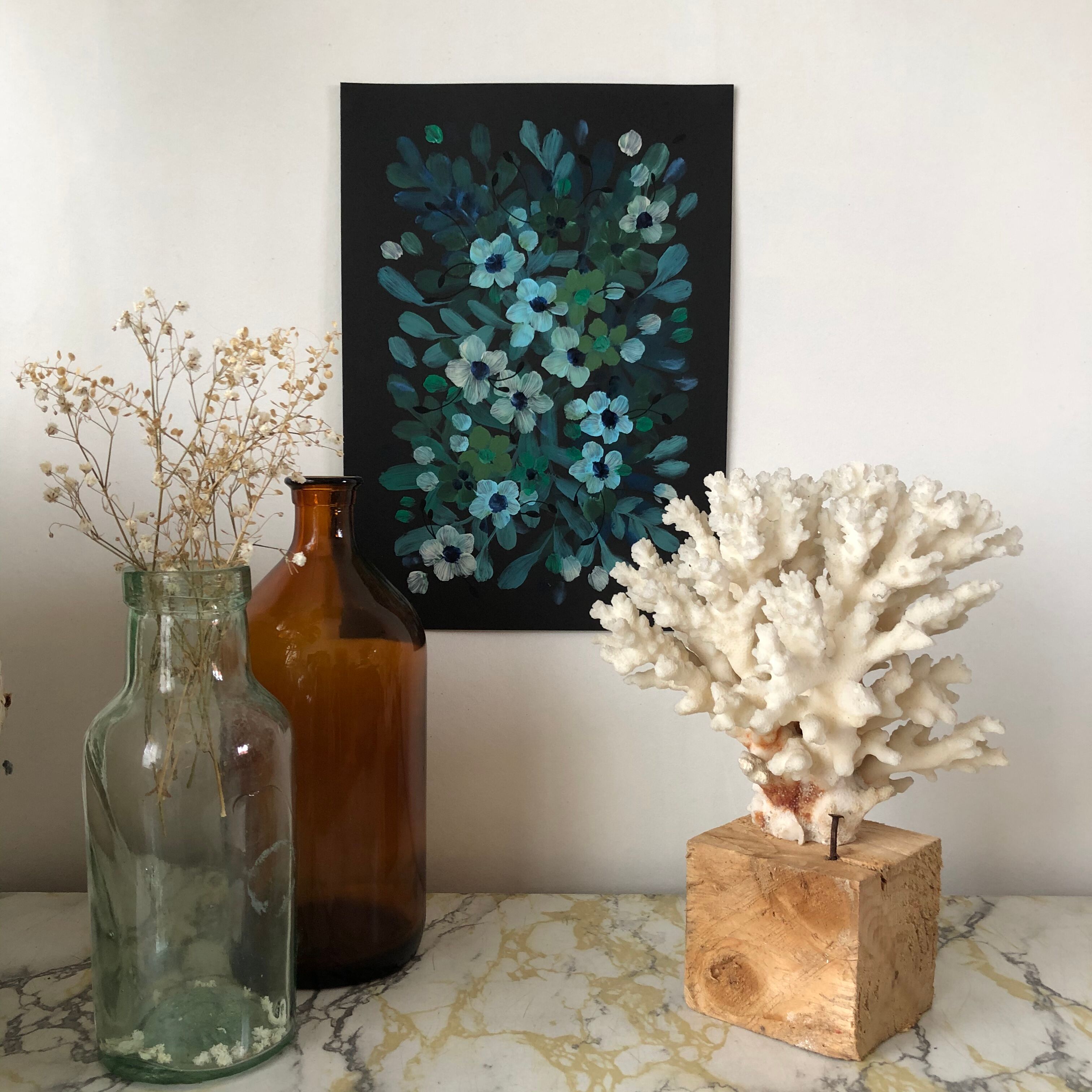 Peinture A4 Feuillages et fleurs bleues