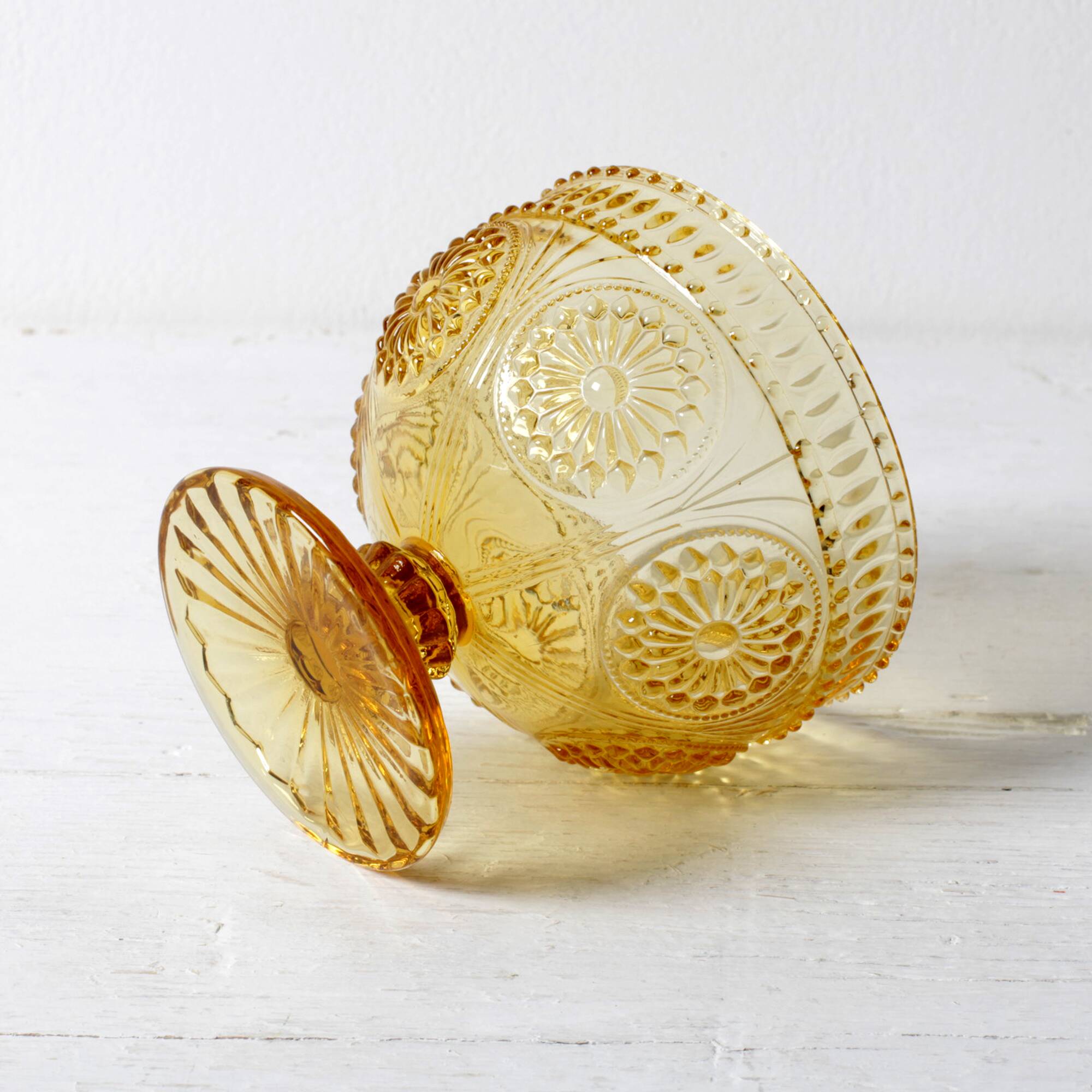 Godinger Amber Honey Pressed Glass Pedestal Bowl – Vintage USA 2000s