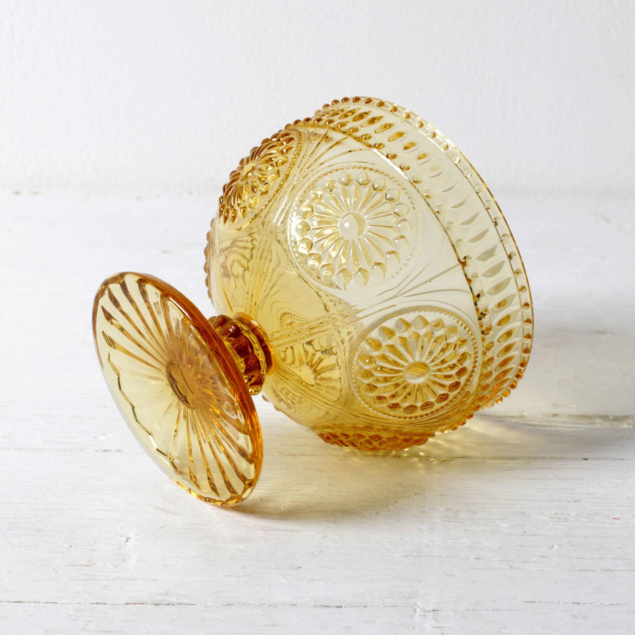 Godinger Amber Honey Pressed Glass Pedestal Bowl – Vintage USA 2000s
