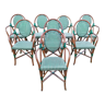 Set of 8 Parisian rattan bistro armchairs braiding green and ecru
