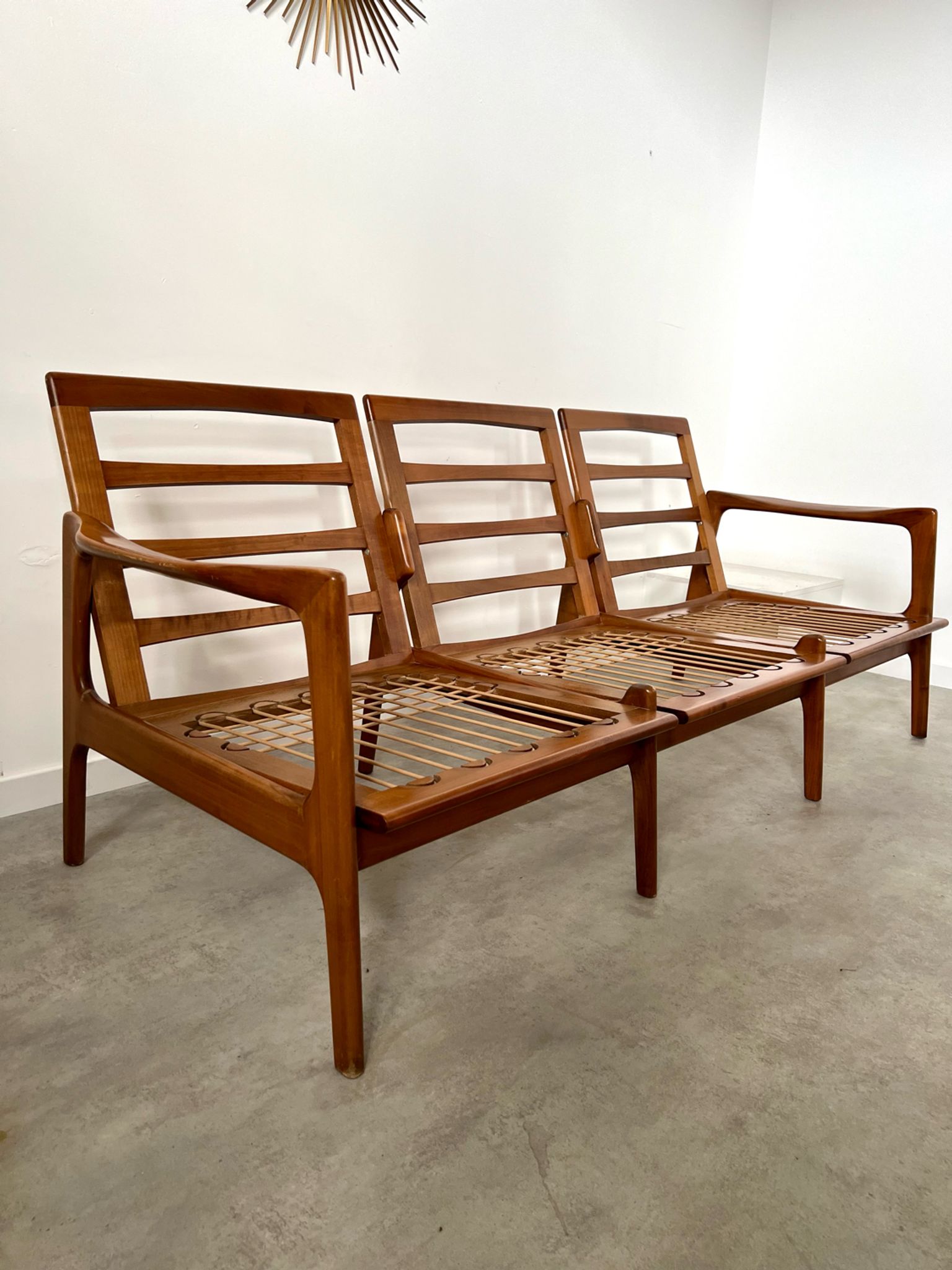 Lot armchairs and sofa 60 years Scandinavian design in vintage blond teak